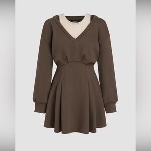 CIDER ROUND NECKLINE SOLID BROWN PLEATED MINI DRESS Medium NWT Oversized